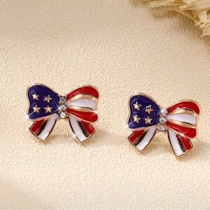 Patriotic Bow Earrings with Stars & Rhinestones #120